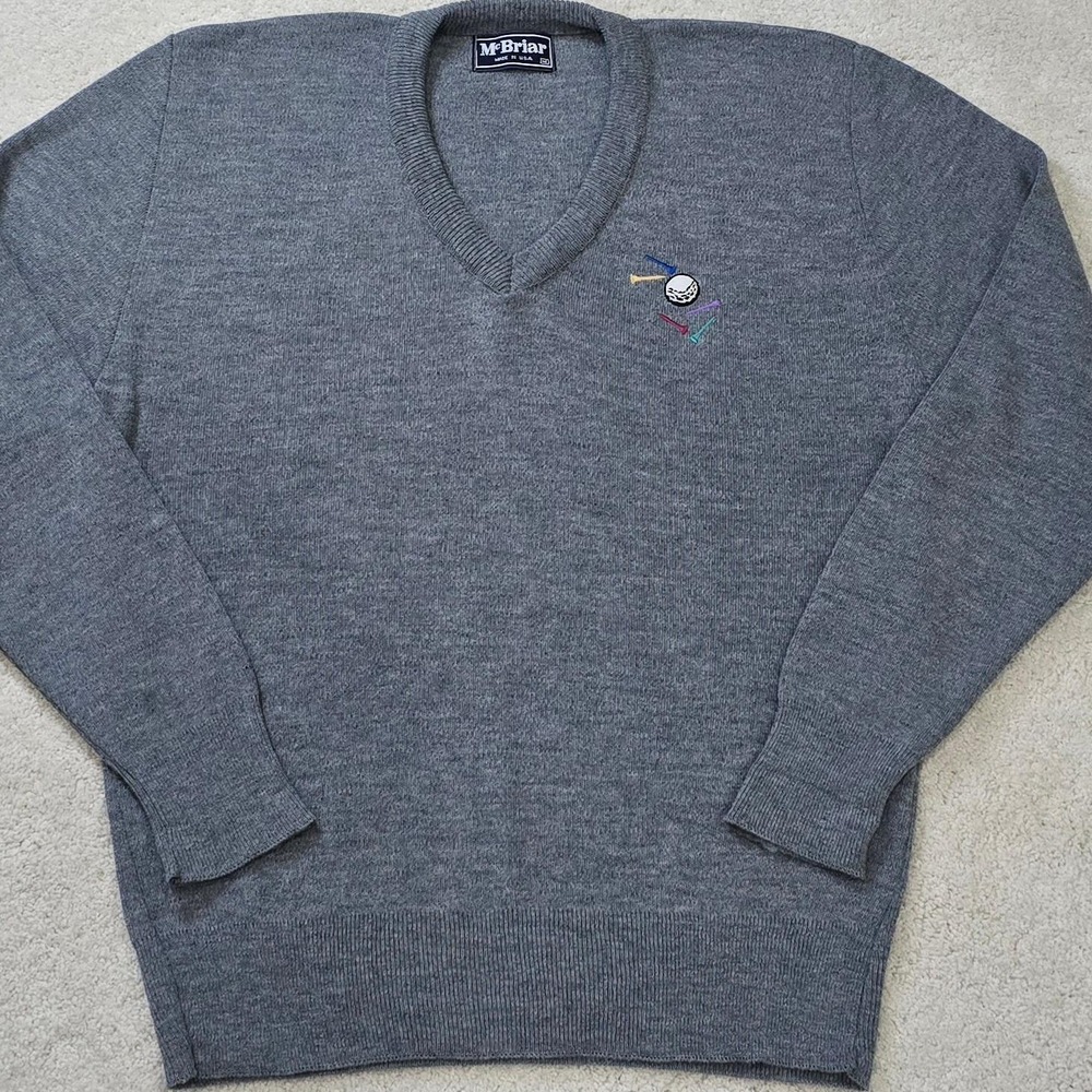 Vintage 90s McBriar Men's Golf Sweater Sz M Embroidered V-Neck Gray GVC Matching